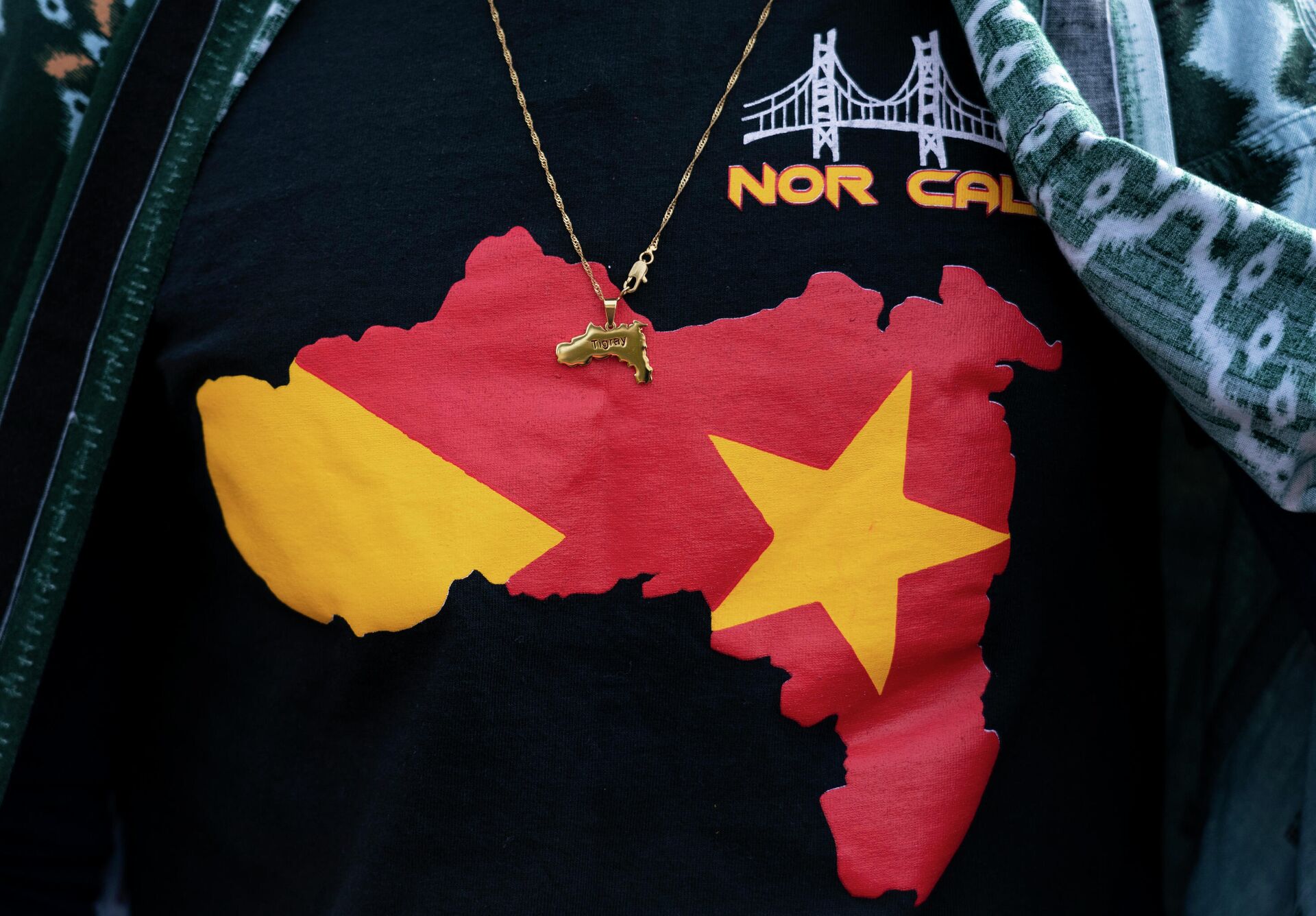 Angesom Mezgebo, wears a T shirt and a pendent, with images of map of Tigray during a protest march to mark a year since Ethiopia Prime Minister Abiy Ahmed's administration started fighting against the Tigray, the northernmost region in Ethiopia,Thursday, Nov. 4, 2021 in Washington. - Sputnik International, 1920, 14.09.2022