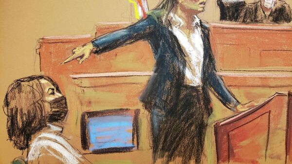 Maurene Comey points at Ghislaine Maxwell as she delivers the rebuttal argument for the government during the trial of Maxwell, the Jeffrey Epstein associate accused of sex trafficking, in a courtroom sketch in New York City, U.S., December 20, 2021. - Sputnik International