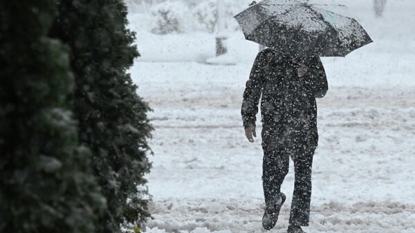 A man walks holding an umbrella as snow falls during a winter storm over the capital region on January 3, 2022 in Washington, DC. - Sputnik International