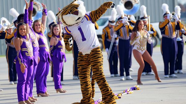 The LSU marching band and mascot perform as new football coach Brian Kelly arrives at Baton Rouge Metropolitan Airport, Tuesday, Nov. 30, 2021, in Baton Rouge, La. - Sputnik International