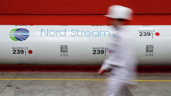 FILE PHOTO: The logo of the Nord Stream 2 gas pipeline project is seen on a pipe at the Chelyabinsk pipe rolling plant in Chelyabinsk, Russia, February 26, 2020 - Sputnik International