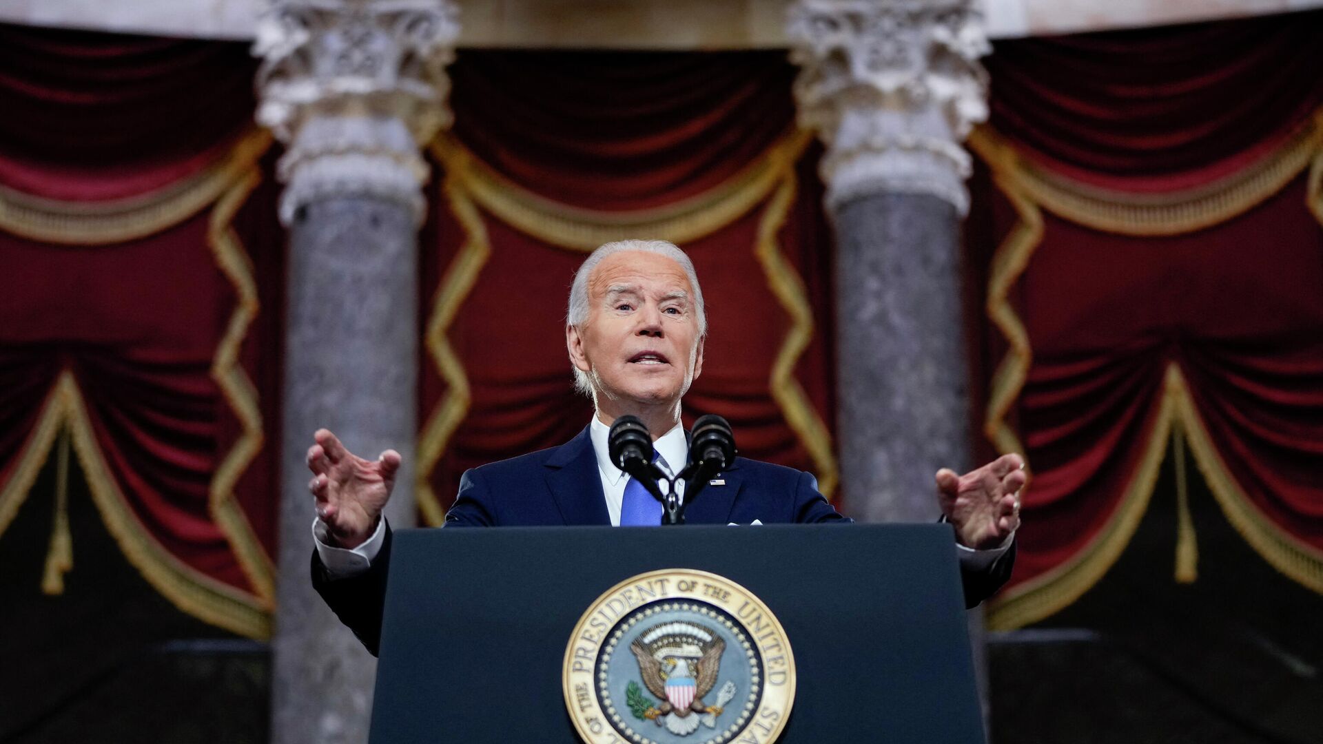 US President Joe Biden speaks at the US Capitol on January 6, 2022, to mark the anniversary of the attack on the Capitol in Washington, DC. - Biden accused his predecessor Donald Trump of attempting to block the democratic transfer of power on January 6, 2021. For the first time in our history, a president not just lost an election; he tried to prevent the peaceful transfer of power as a violent mob breached the Capitol, Biden said. - Sputnik International, 1920, 06.01.2022