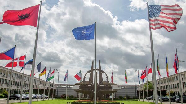 Flags of member nations flap in the wind outside NATO headquarters in Brussels on Friday, Aug. 29, 2014.  - Sputnik International