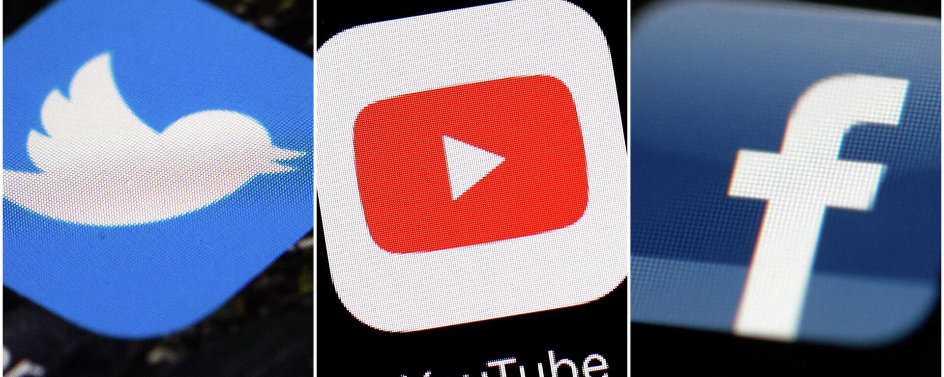 This combination of images shows logos for companies from left, Twitter, YouTube and Facebook. Social media companies are failing to stop manipulated activity, according to a report Friday, Dec. 6, 2019 by NATO-affiliated researchers who said they were easily able to buy tens of thousands of likes, comments and views on Facebook, Twitter, YouTube and Instagram. Most of the phony accounts and the activity they engaged in remained online weeks later, even after researchers at the NATO Strategic Command Centre of Excellence flagged it up as fake - Sputnik International, 1920, 08.07.2022