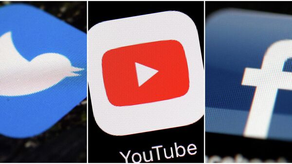 This combination of images shows logos for companies from left, Twitter, YouTube and Facebook. Social media companies are failing to stop manipulated activity, according to a report Friday, Dec. 6, 2019 by NATO-affiliated researchers who said they were easily able to buy tens of thousands of likes, comments and views on Facebook, Twitter, YouTube and Instagram. Most of the phony accounts and the activity they engaged in remained online weeks later, even after researchers at the NATO Strategic Command Centre of Excellence flagged it up as fake - Sputnik International