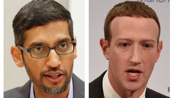This combination of 2018-2020 photos shows, from left, Twitter CEO Jack Dorsey, Google CEO Sundar Pichai, and Facebook CEO Mark Zuckerberg. The CEOs of social media giants Facebook, Twitter and Google face a new grilling by Congress, Thursday, March 25, 2021, one focused on their efforts to prevent their platforms from spreading falsehoods and inciting violence. (AP Photo/Jose Luis Magana, LM Otero, Jens Meyer) - Sputnik International