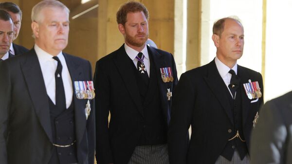 Britain's Prince Harry, Duke of Sussex (C), Britain's Prince Andrew, Duke of York (2ndL), Britain's Prince Edward, Earl of Wessex (R) attend the funeral ceremony for Britain's Prince Philip, Duke of Edinburgh at St George's Chapel in Windsor Castle in Windsor, west of London, on April 17, 2021. - Sputnik International
