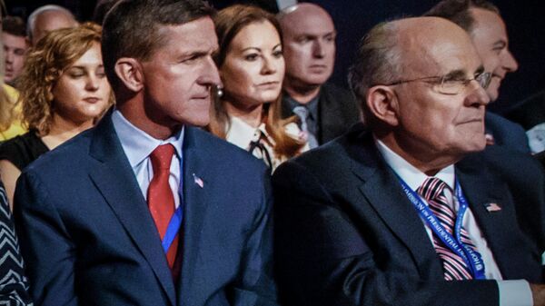 Former Defense Intelligence Agency Director Michael Flynn, left, and former New York Mayor Rudy Giuliani, right, wait for the start of the first presidential debate between Republican candidate Donald Trump and Democratic candidate Hillary Clinton at Hofstra University, Monday, Sept. 26, 2016, in Hempstead, N.Y.   - Sputnik International