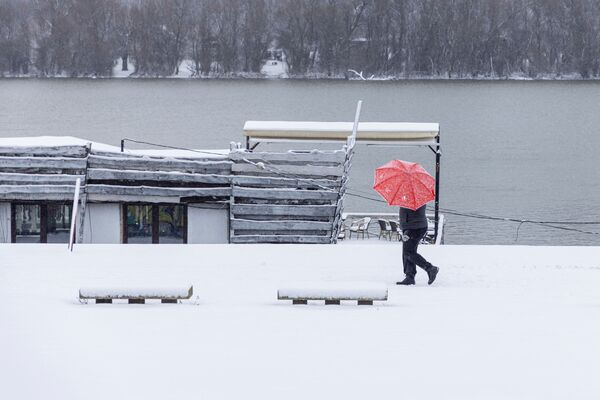 A man walks by the Danube River as a snowstorm hits Belgrade, Serbia, 22 January 2022. - Sputnik International