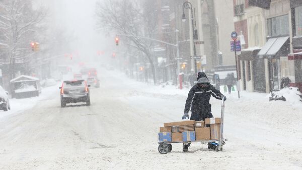 A delivery worker balances packages on a cart as a powerful Nor'easter storm hits the region, in Manhattan, New York City, U.S., January 29, 2022. REUTERS/Caitlin Ochs - Sputnik International