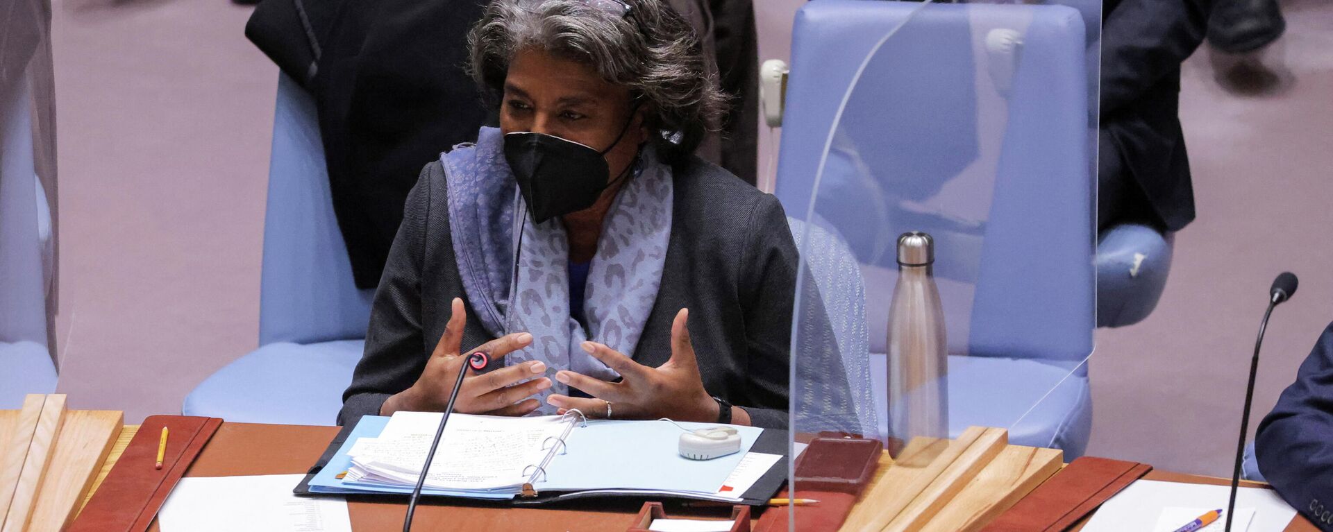 U.S. Ambassador to the United Nations Linda Thomas-Greenfield attends a meeting of the U.N. Security Council on the situation between Russia and Ukraine, at the United Nations Headquarters in Manhattan, New York City, U.S., January 31, 2022. REUTERS/Andrew Kelly - Sputnik International, 1920, 31.01.2022