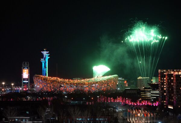 2022 Beijing Olympics - Opening Ceremony at the National Stadium, Beijing, China on 4 February 2022. Fireworks explode over the National Stadium, also known as the Bird&#x27;s Nest, during the opening ceremony. - Sputnik International