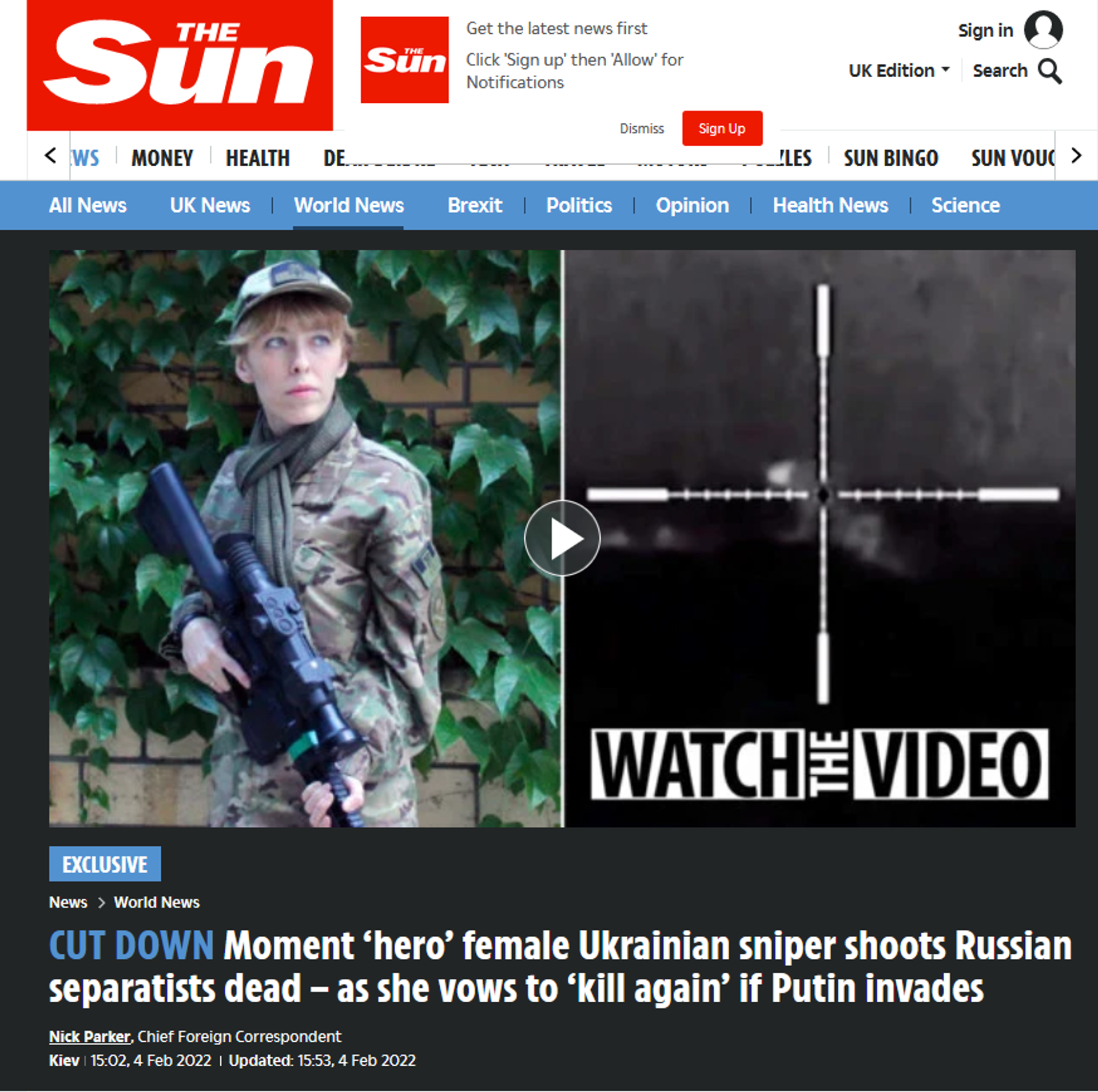 Screengrab of Sun Report Praising Hero Ukrainian Neo-Nazi sniper. - Sputnik International, 1920, 05.02.2022