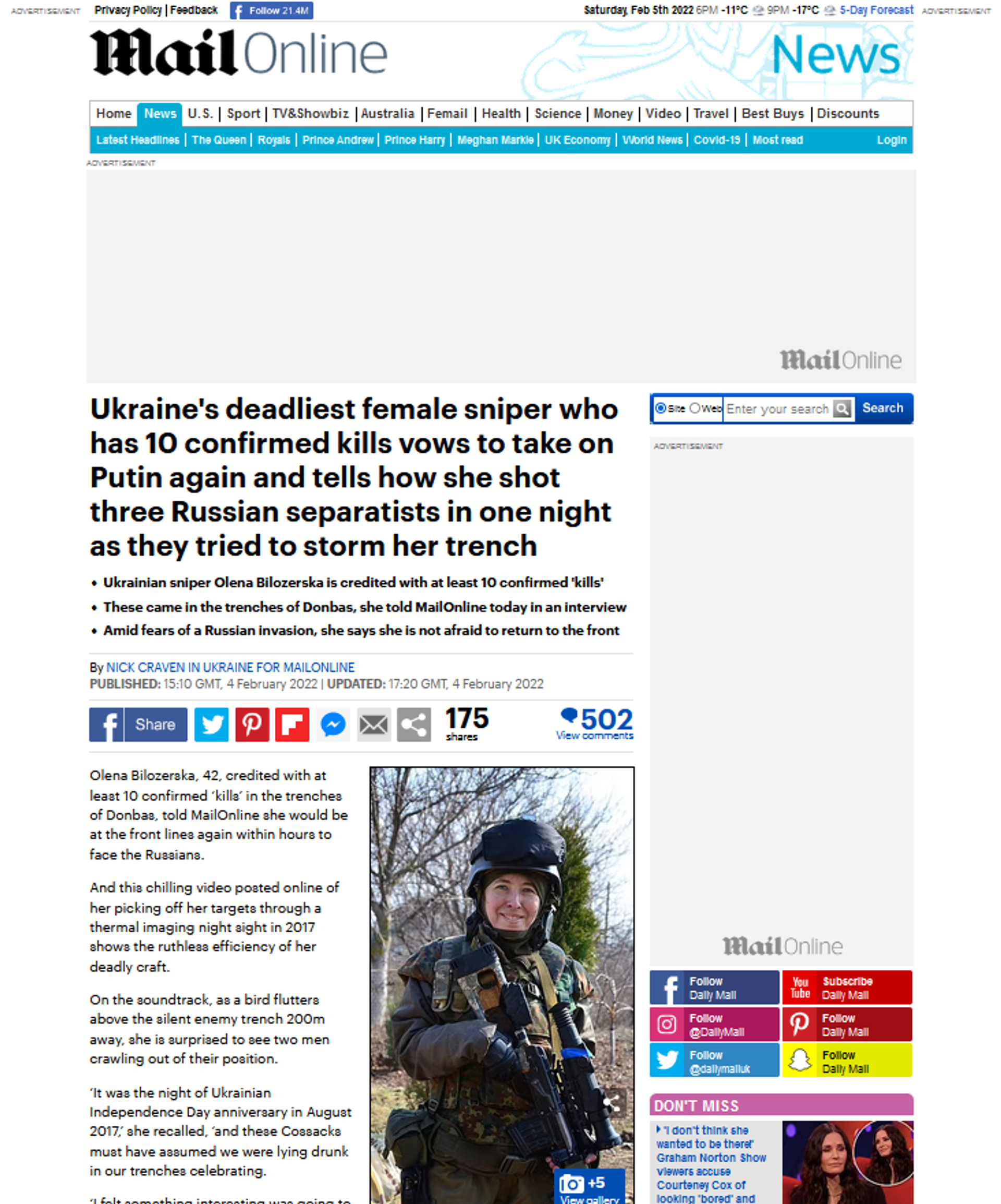 Report on neo-Nazi Ukrainian sniper by The Daily Mail. - Sputnik International, 1920, 05.02.2022