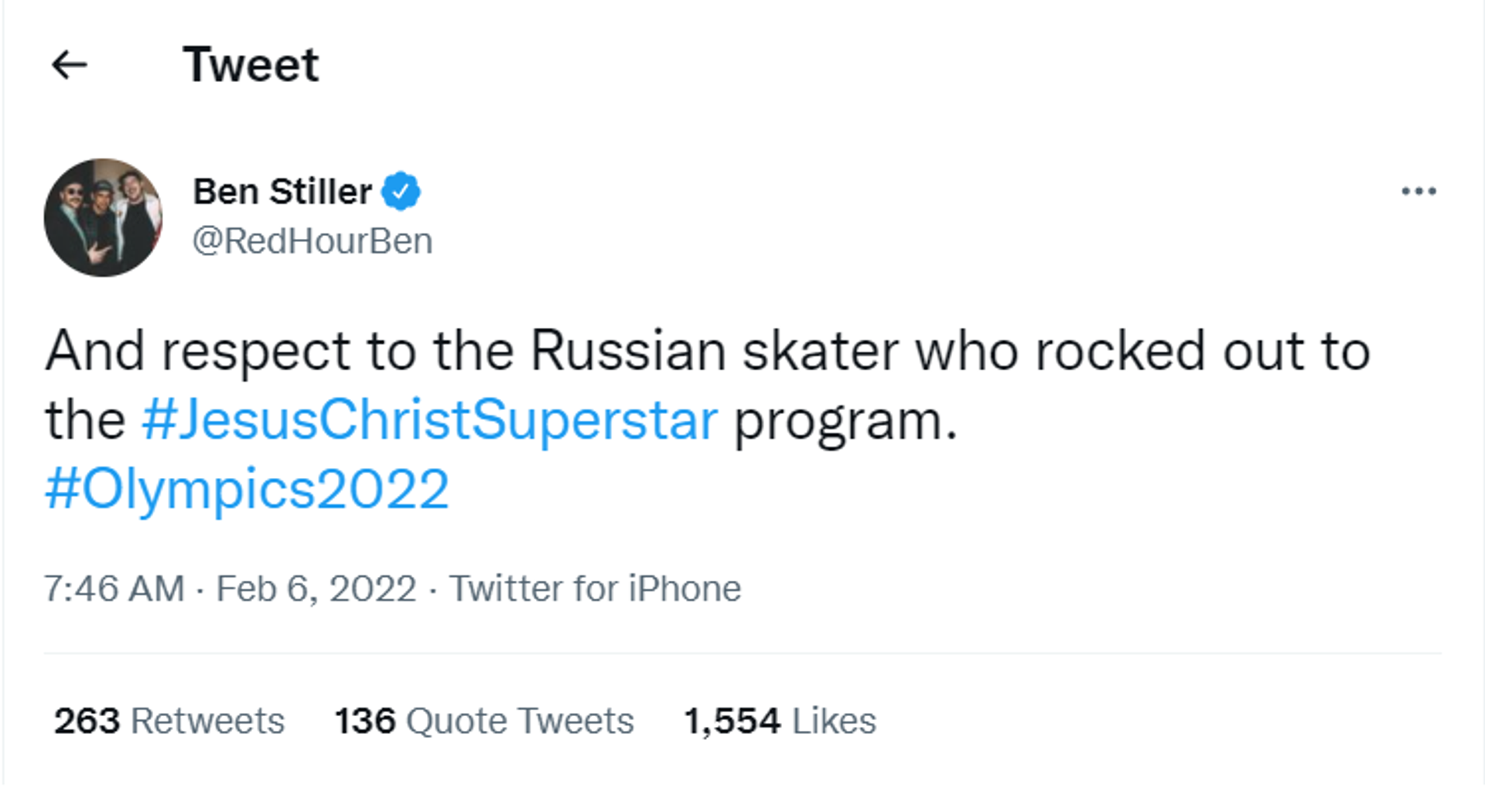 A screenshot of Ben Stiller's tweet, dedicated to Russian skater Mark Kondratiuk. - Sputnik International, 1920, 06.02.2022