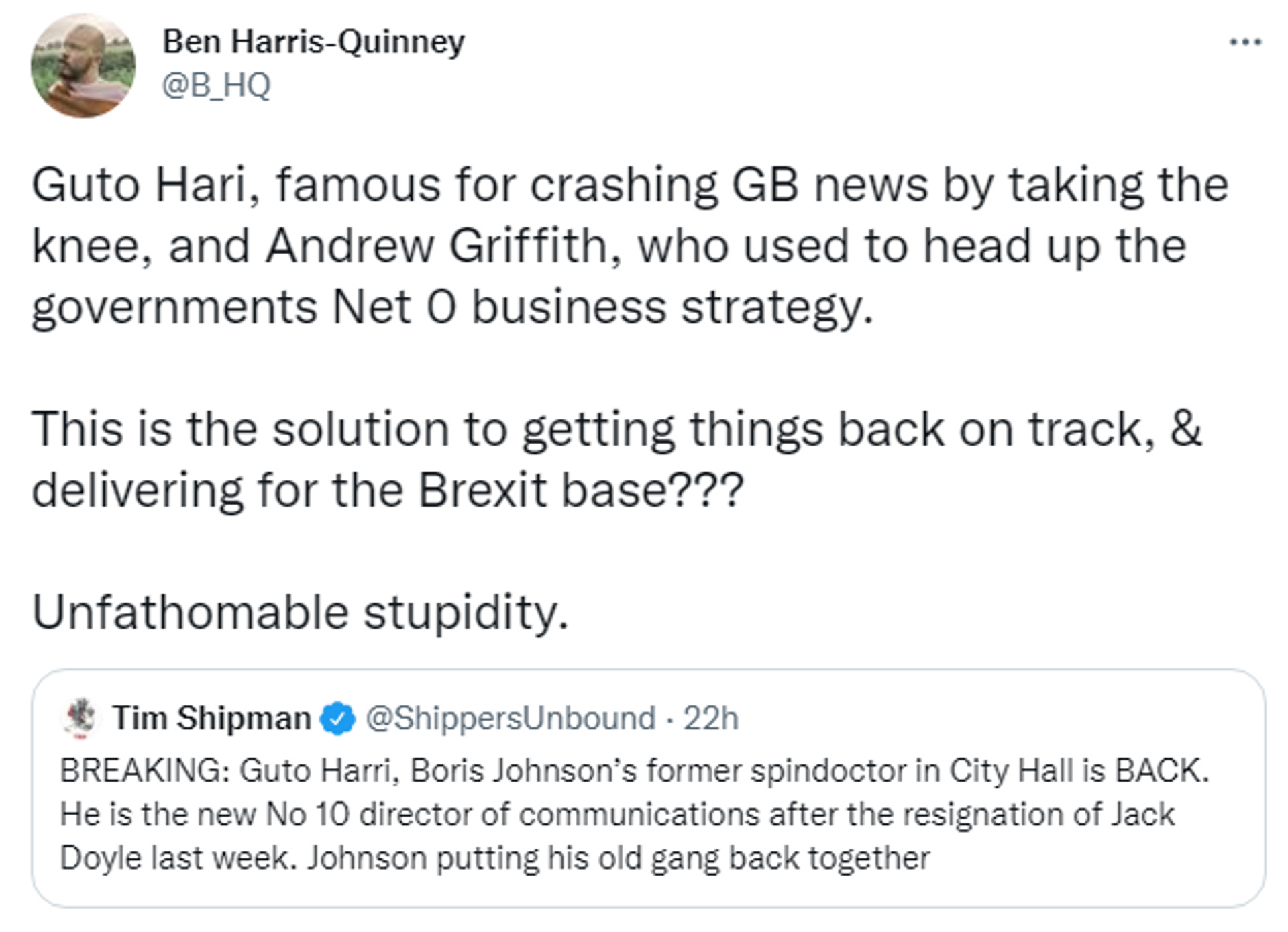 Ben Harris-Quinney tweets about Guto Harri's appointment as PM Boris Johnson's press secretary  - Sputnik International, 1920, 06.02.2022