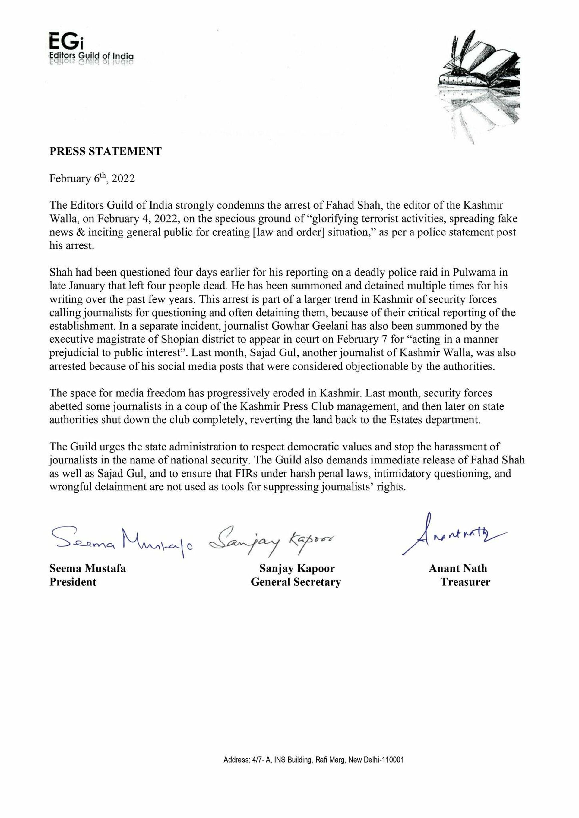 Letter by Editors Guild of India Demanding Immediate Release of Kashmiri Journalist - Sputnik International, 1920, 07.02.2022