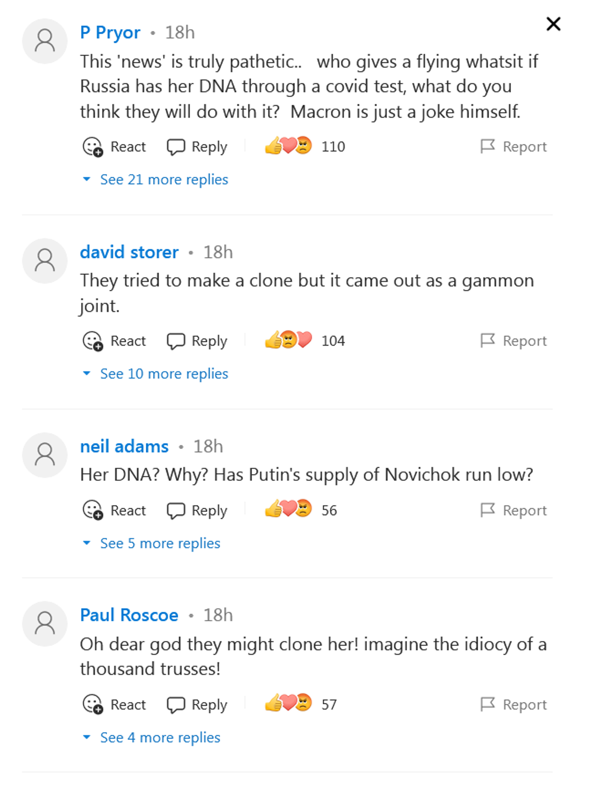 Screengrab of top comments on MSN.com of The Telegraph article claiming Russians may have Liz Truss's DNA. - Sputnik International, 1920, 12.02.2022