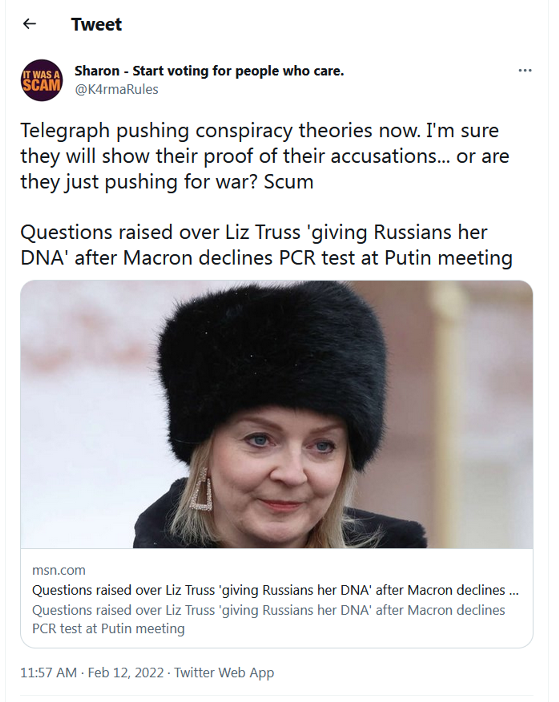 Tweet reacting to The Telegraph article suggesting Russia may now possess Liz Truss's DNA. - Sputnik International, 1920, 12.02.2022