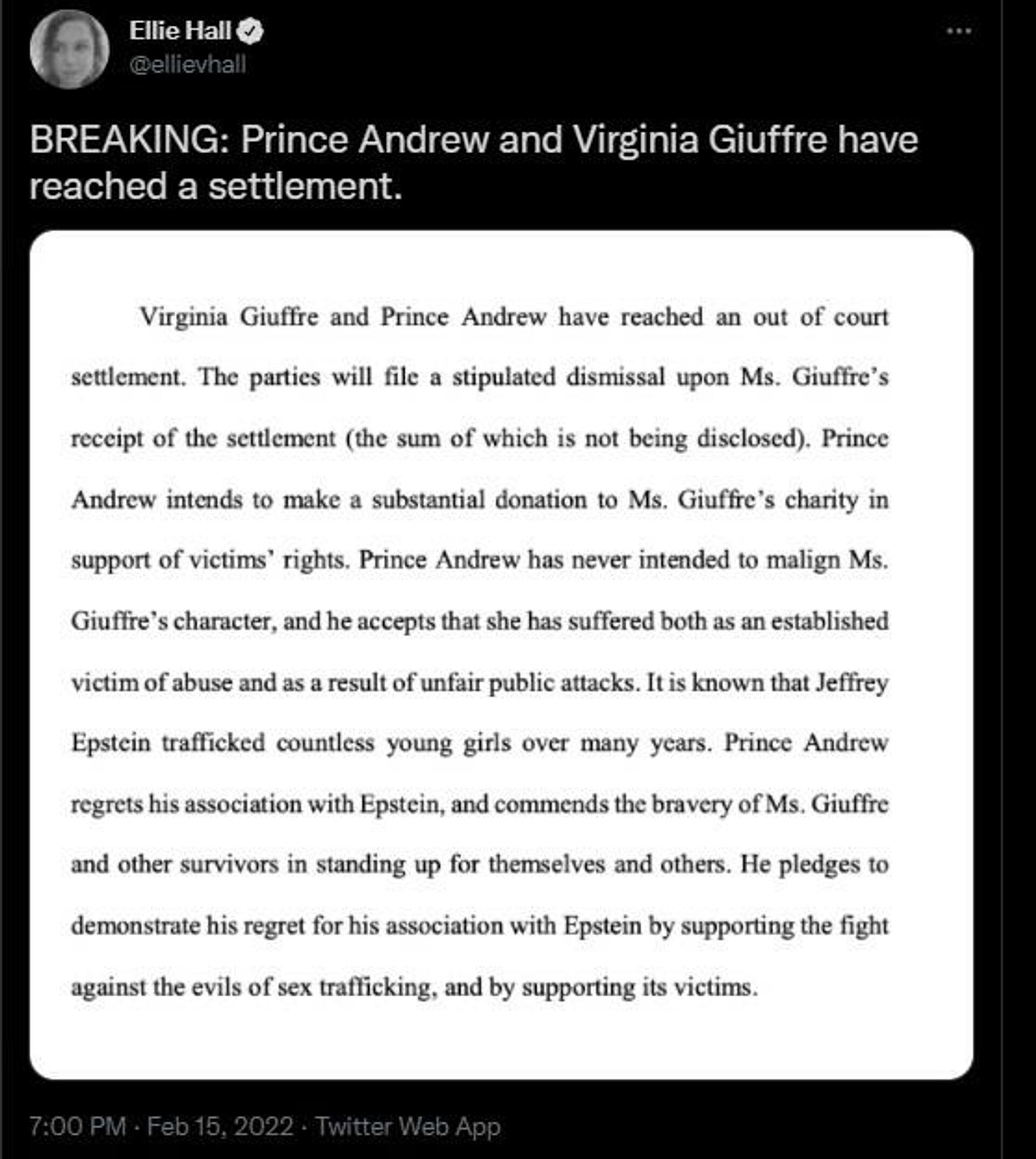A tweet containing the text of the statement by Prince Andrew and Virginia Giuffre's lawyers regarding reachign a settlement. - Sputnik International, 1920, 15.02.2022