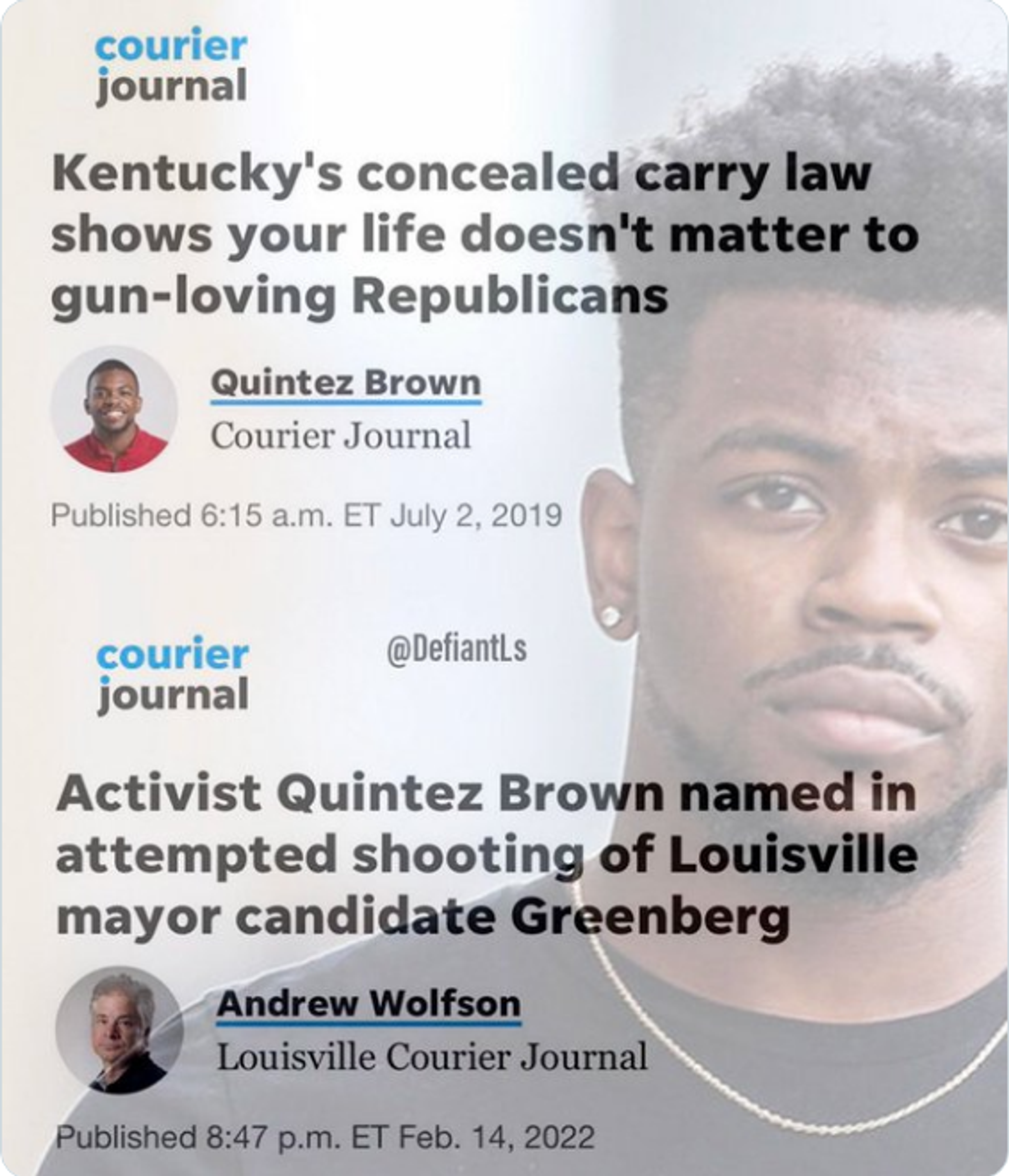 Tweet of headlines about Black Lives Matter activist and Louisville council candidate Quintez Brown - Sputnik International, 1920, 16.02.2022