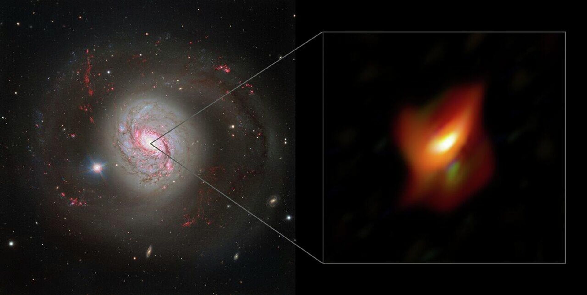 The left panel of this image shows a dazzling view of the active galaxy Messier 77 captured with the FOcal Reducer and low dispersion Spectrograph 2 (FORS2) instrument on ESO’s Very Large Telescope. - Sputnik International, 1920, 19.02.2022