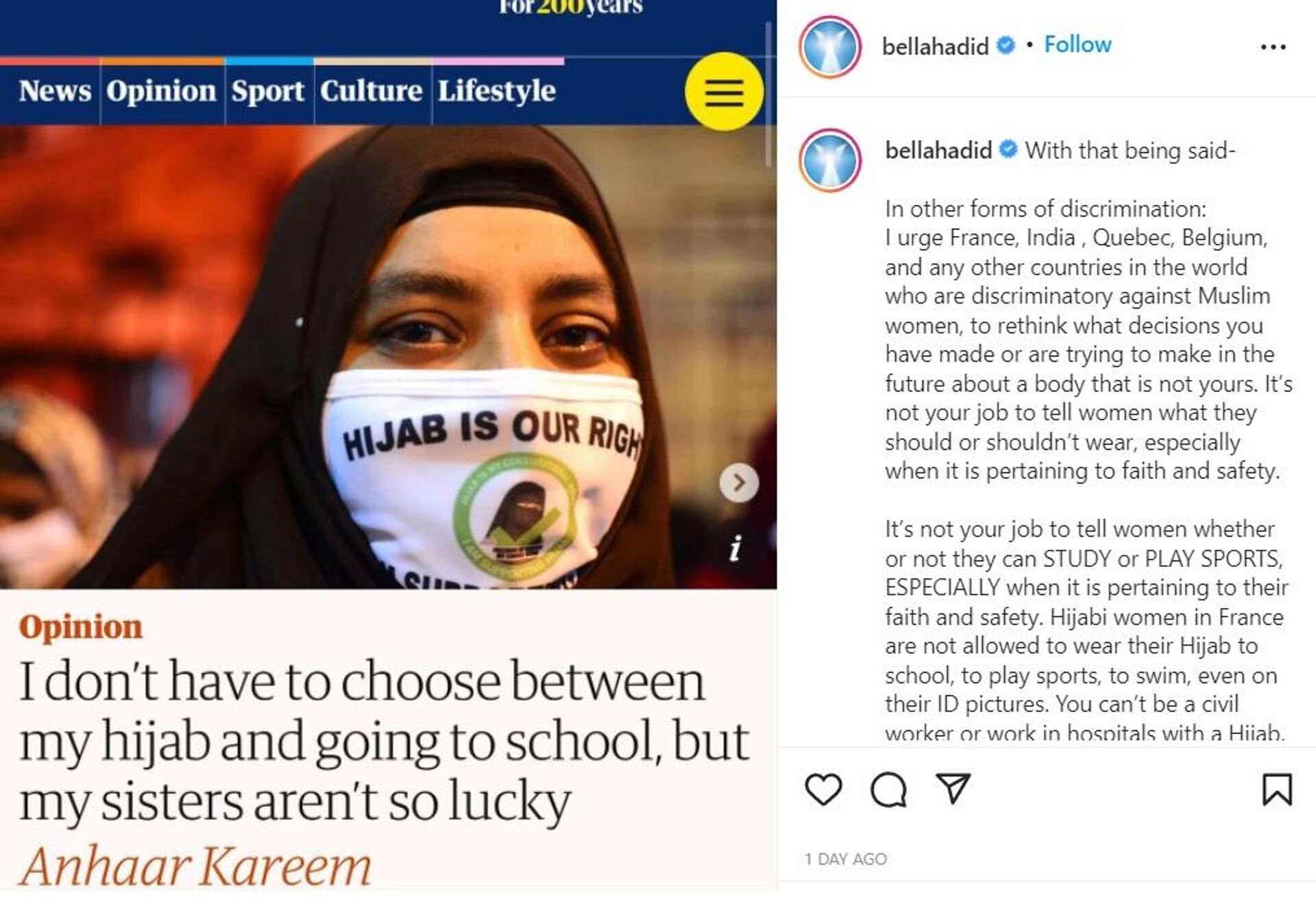 Bella Hadid criticises India's hijab ban - Sputnik International, 1920, 19.02.2022