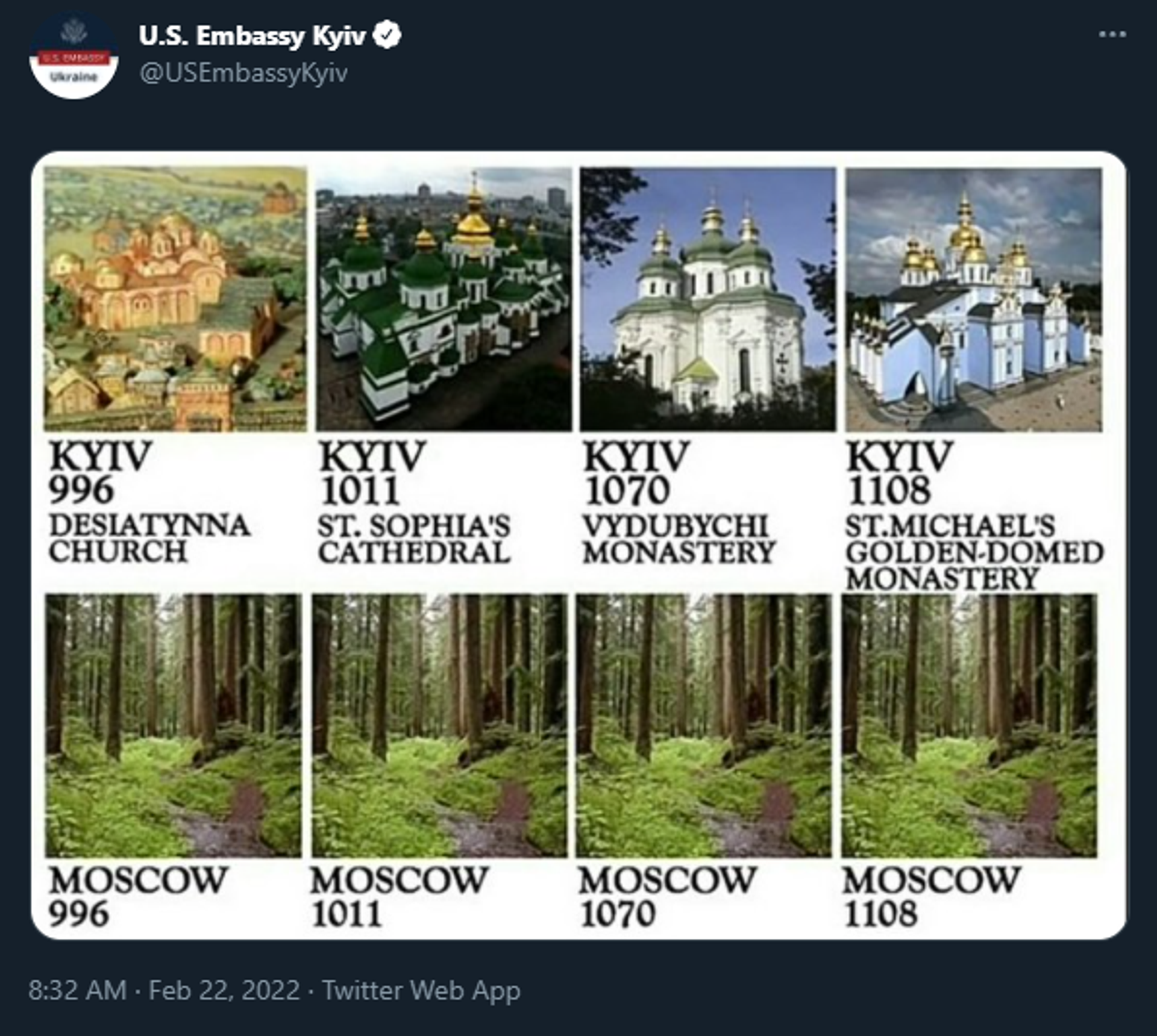 A tweet by the US embassy in Kiev on February 22, 2022, comparing Kiev's and Moscow's histories. - Sputnik International, 1920, 22.02.2022