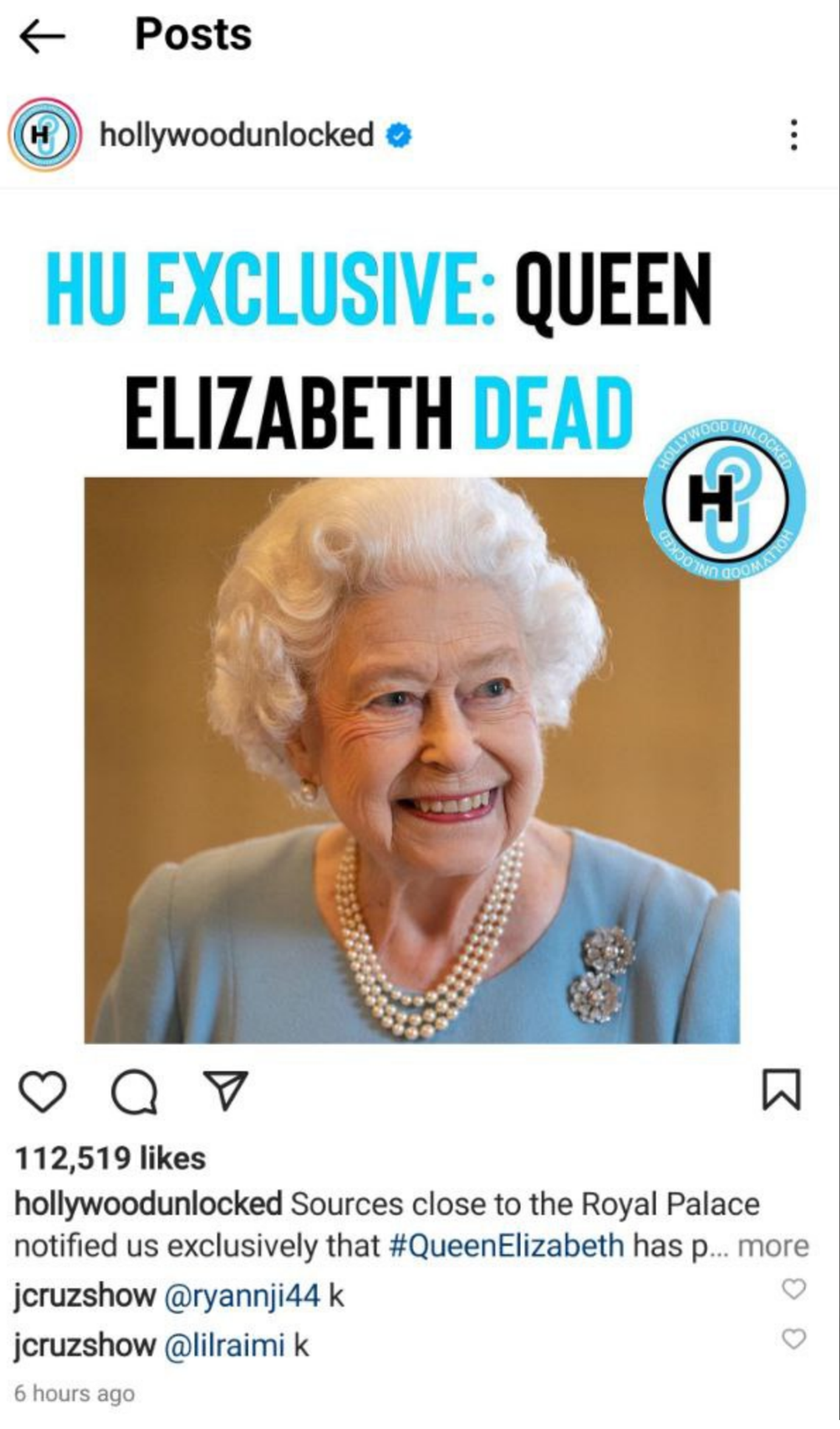 A screenshot of a post from the Instagram page Hollywood Unlocked claiming Queen Elizabeth II died - Sputnik International, 1920, 23.02.2022