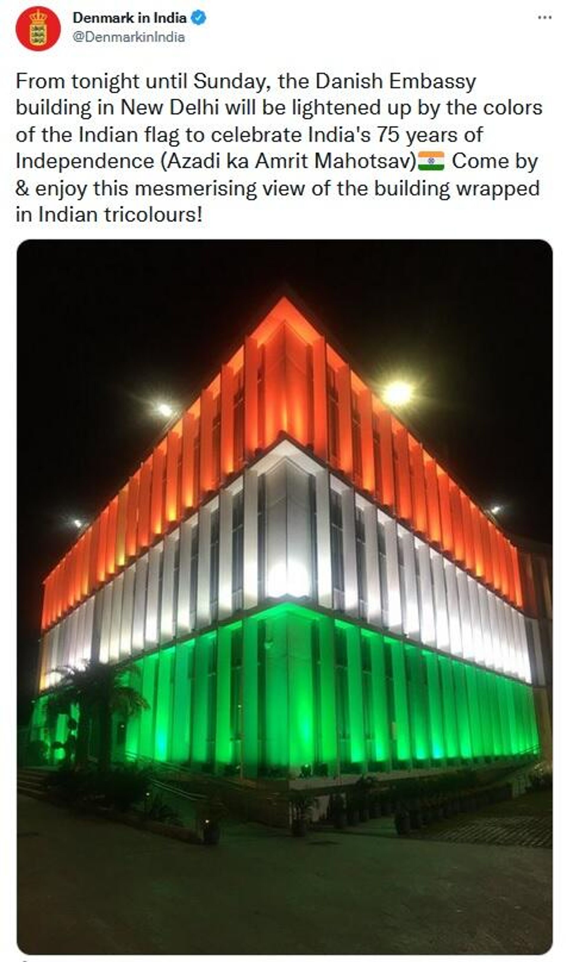 Denmark Embassy Lit Up in Tricolour to Celebrate 75 Years of India's Independence - Sputnik International, 1920, 23.02.2022