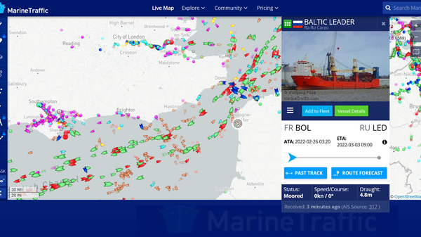 Screengrab of MarineTraffic showing location of the Russian-flagged cargo ship Baltic Leader on Saturday, 26 February 2022. - Sputnik International