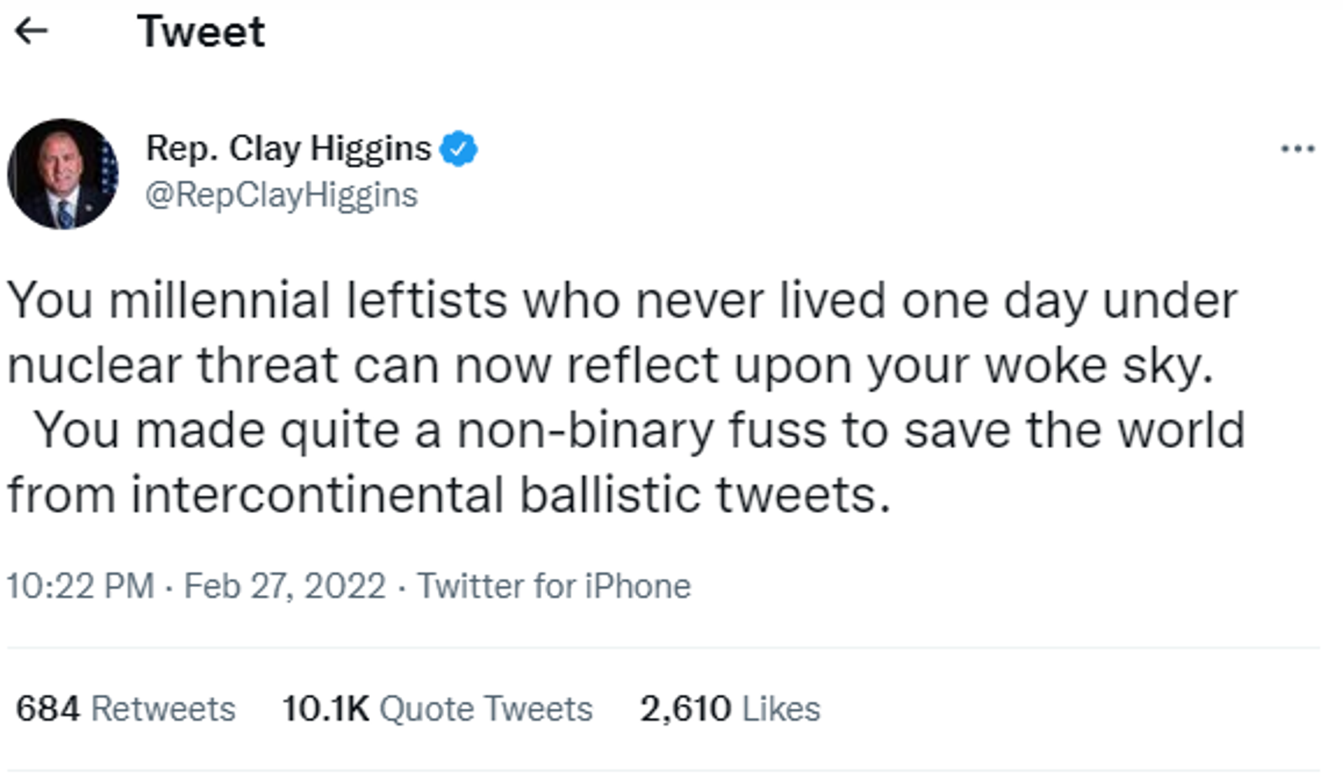 Rep. Clay Higgins' tweet. - Sputnik International, 1920, 28.02.2022