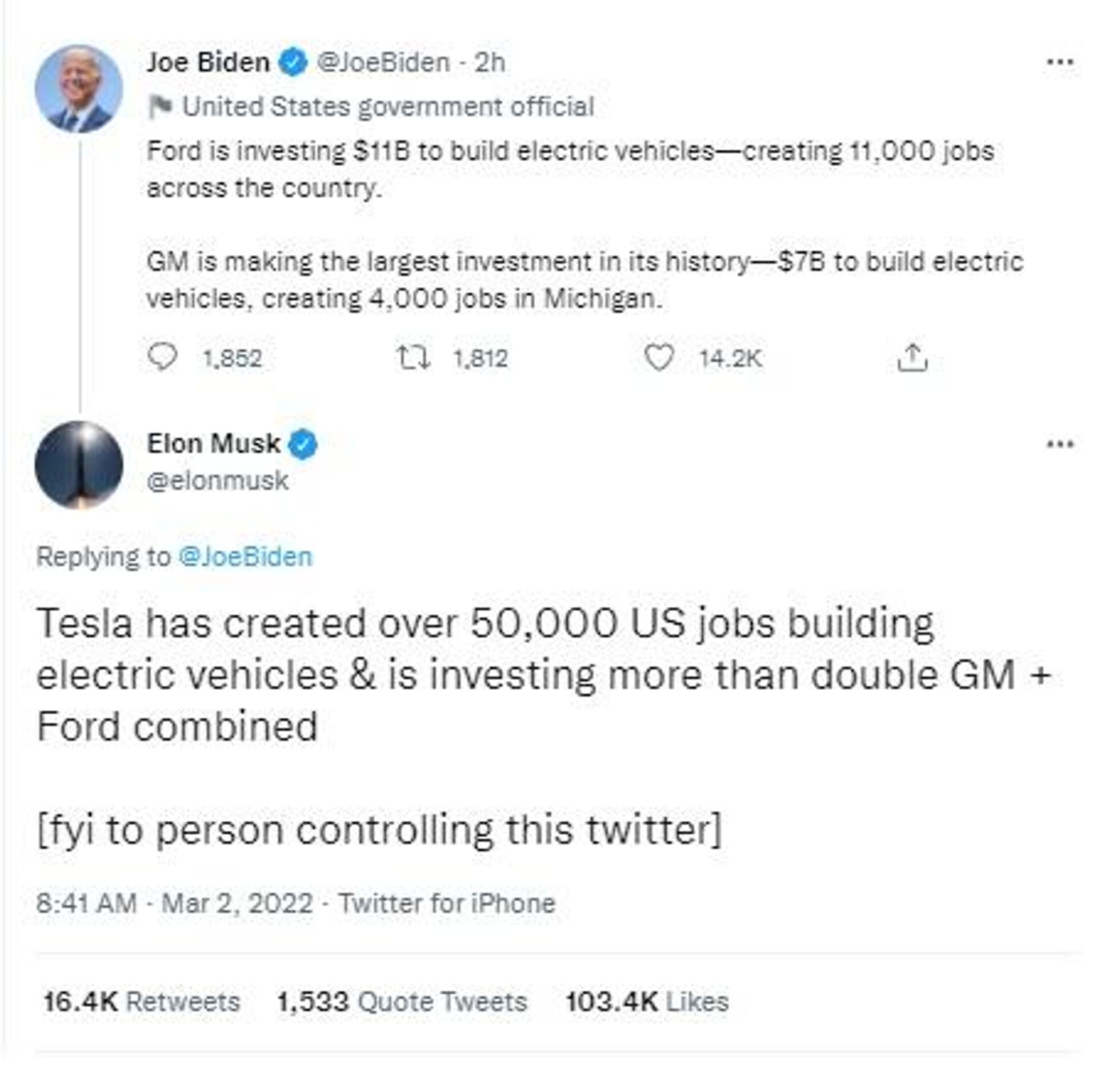 Twitter Snapshot of Tesla CEO Elon Musk taking a dig at US President Joe Biden  - Sputnik International, 1920, 02.03.2022