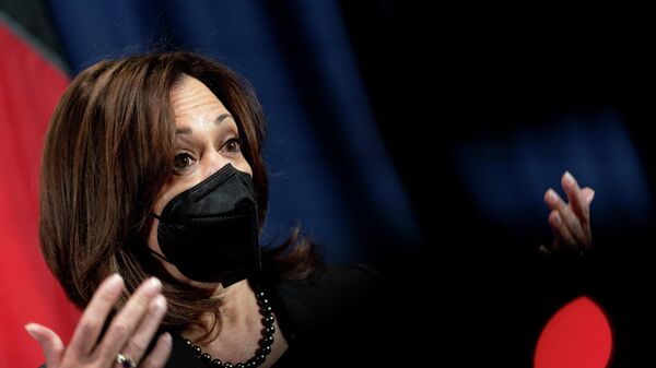 U.S. Vice President Kamala Harris speaks to members of the media, after attending the Munich Security Conference, at her hotel in Munich, Germany February 20, 2022 - Sputnik International