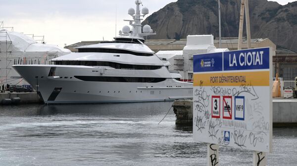A picture taken on March 3, 2022 in a shipyard of La Ciotat, near Marseille, southern France, shows a yacht, Amore Vero, owned by a company linked to Igor Sechin, chief executive of Russian energy giant Rosneft - Sputnik International