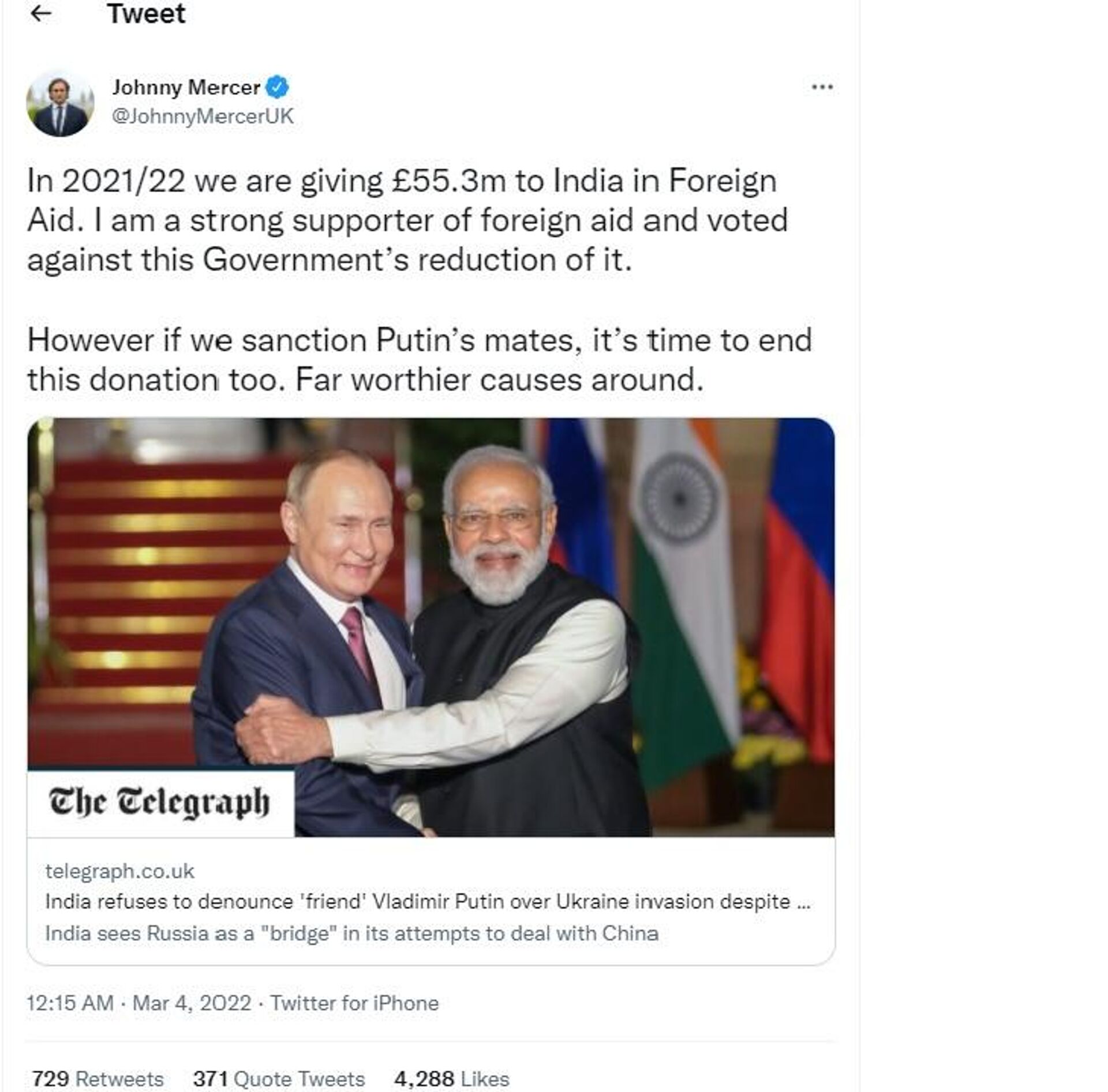 Tory MP calls for ending foreign aid to India over its stand on Russia - Sputnik International, 1920, 04.03.2022