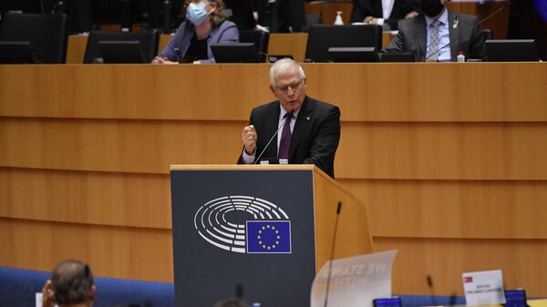 European Union for Foreign Affairs and Security Policy Josep Borrell (C) delivers a speech during a special plenary session of the European Parliament focused on the Russian special operation in Ukraine at the EU headquarters in Brussels, on 1 March 2022.  - Sputnik International