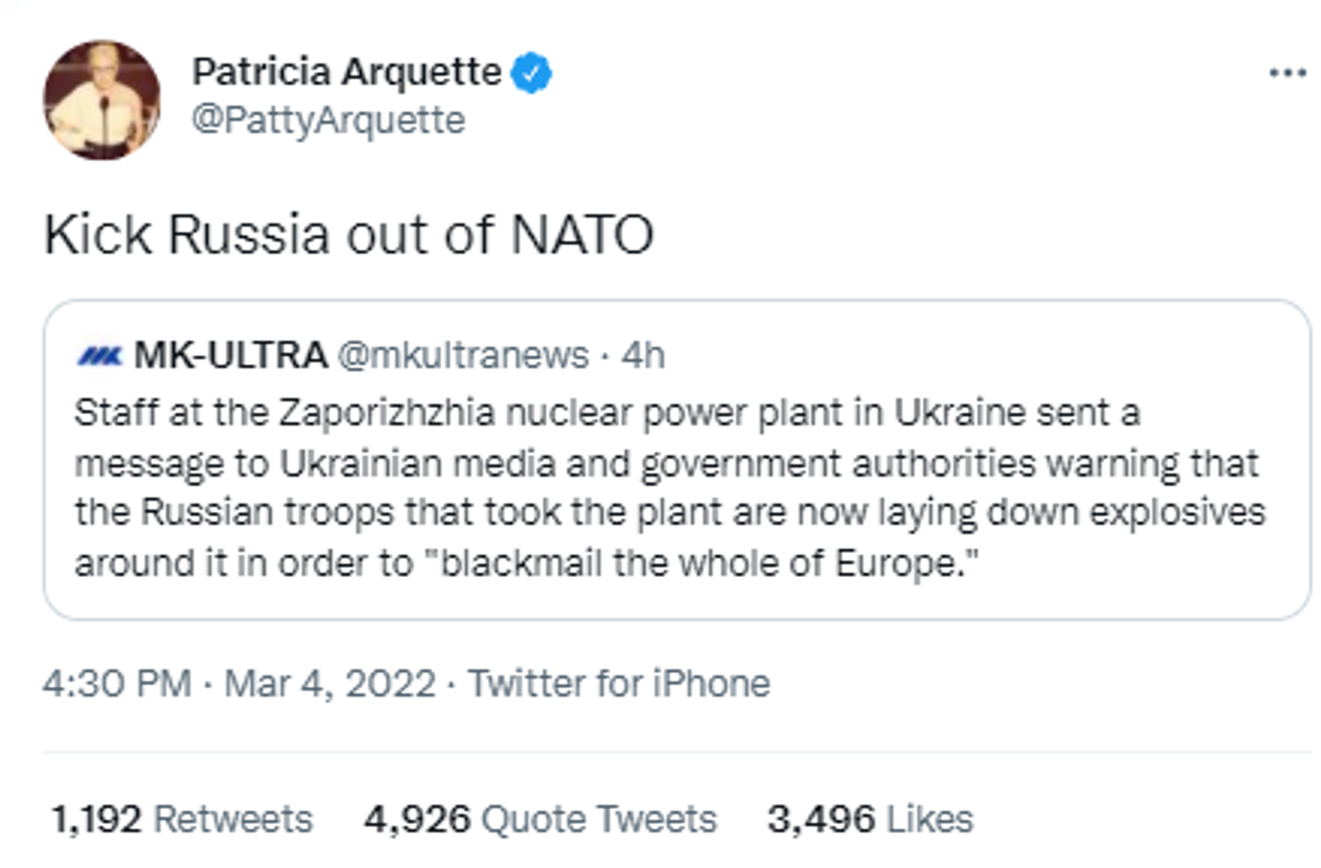 In a since-deleted tweet posted on March 4, 2022, American actress Patricia Arquette calls for Russia to be thrown out of NATO, an alliance that does not include Moscow.  - Sputnik International, 1920, 05.03.2022
