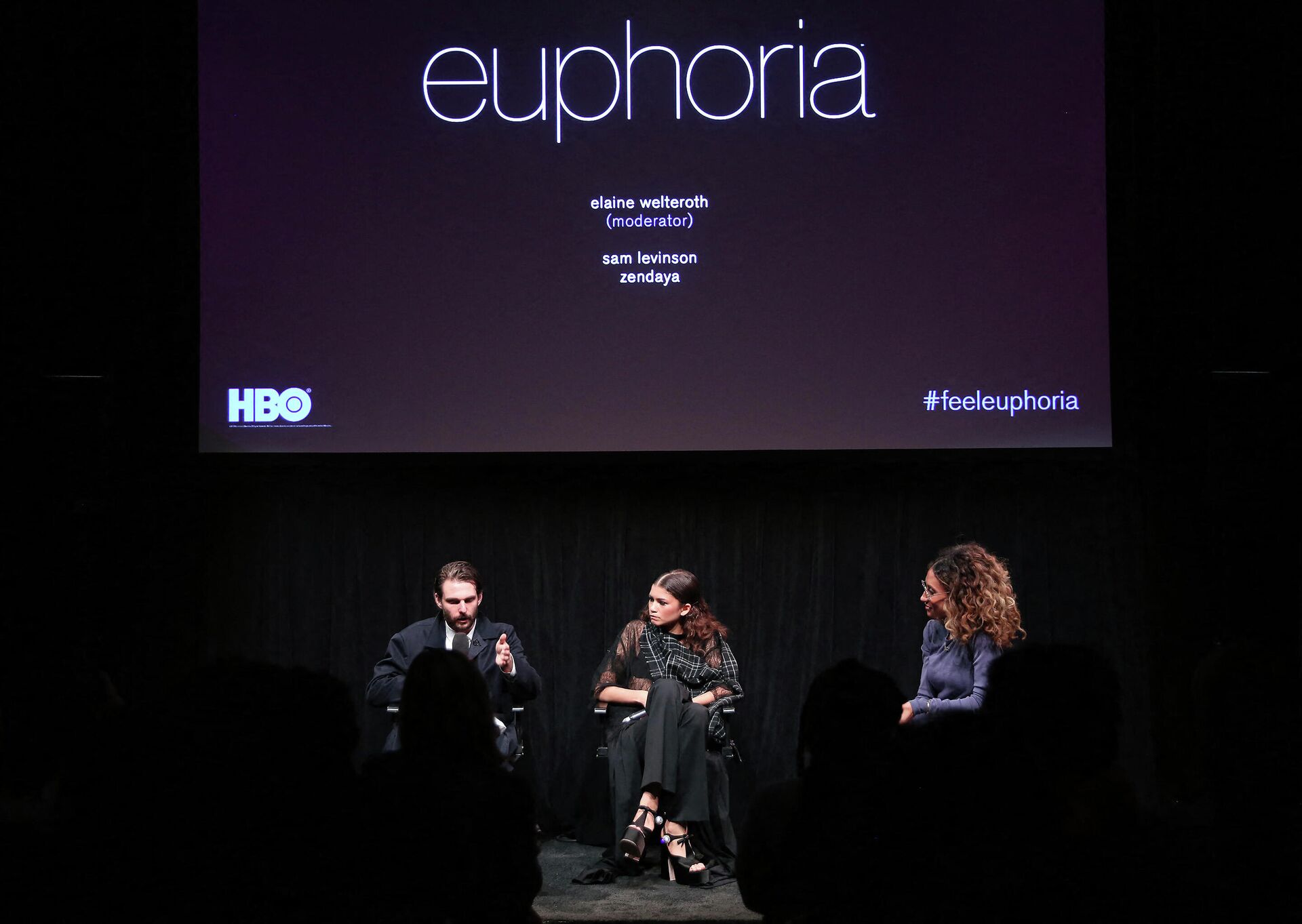 Writer and director Sam Levinson, actress and singer Zendaya and moderator Elaine Welteroth speak onstage at the New York screening of HBO's Euphoria on June 14, 2019 in New York City. - Sputnik International, 1920, 05.03.2022
