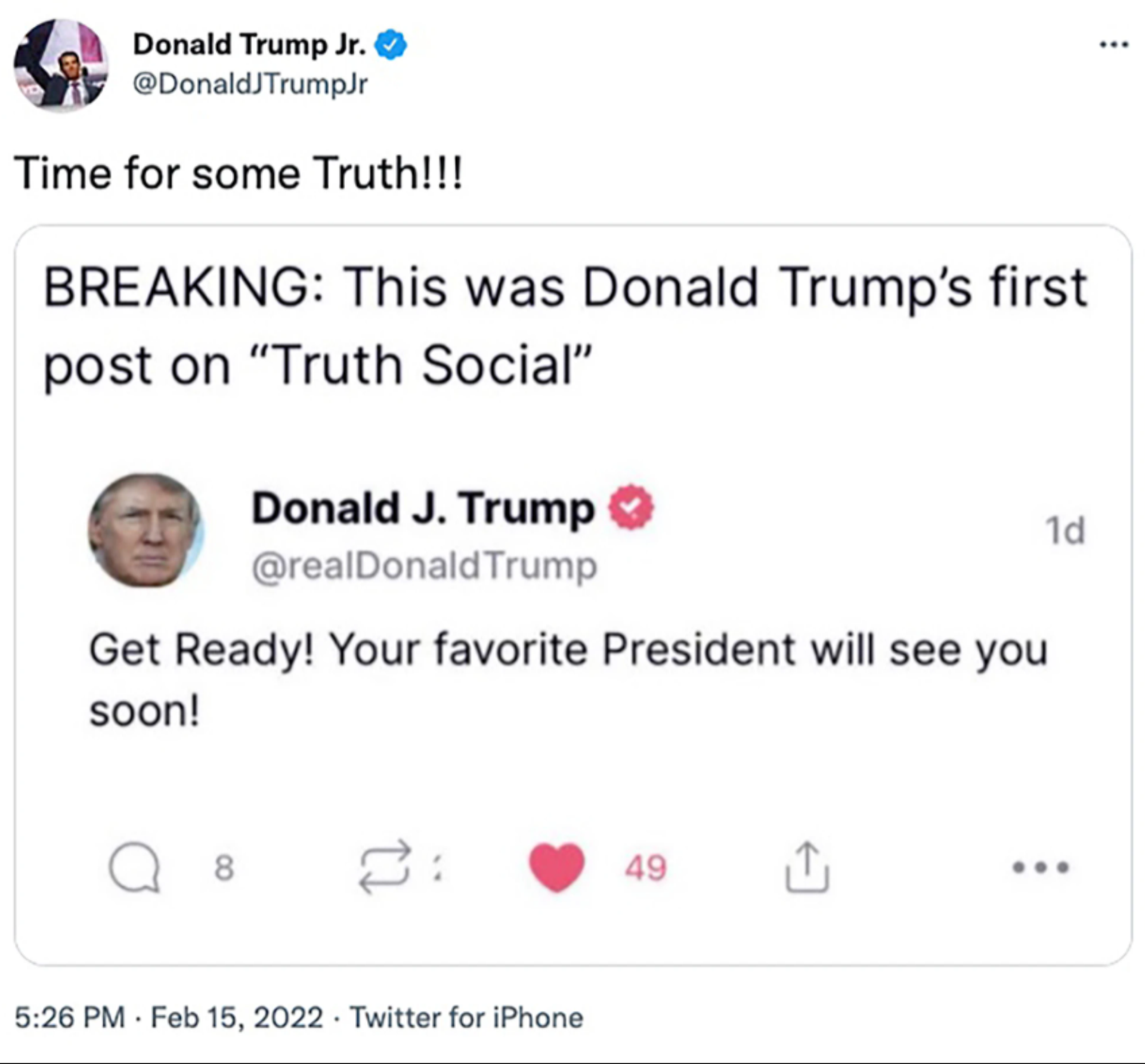 A February 25 tweet from Donald Trump Jr. teases a screengrab of former US President Donald Trump's first post to 'Truth Social,' 45's new social media app.   - Sputnik International, 1920, 23.03.2022