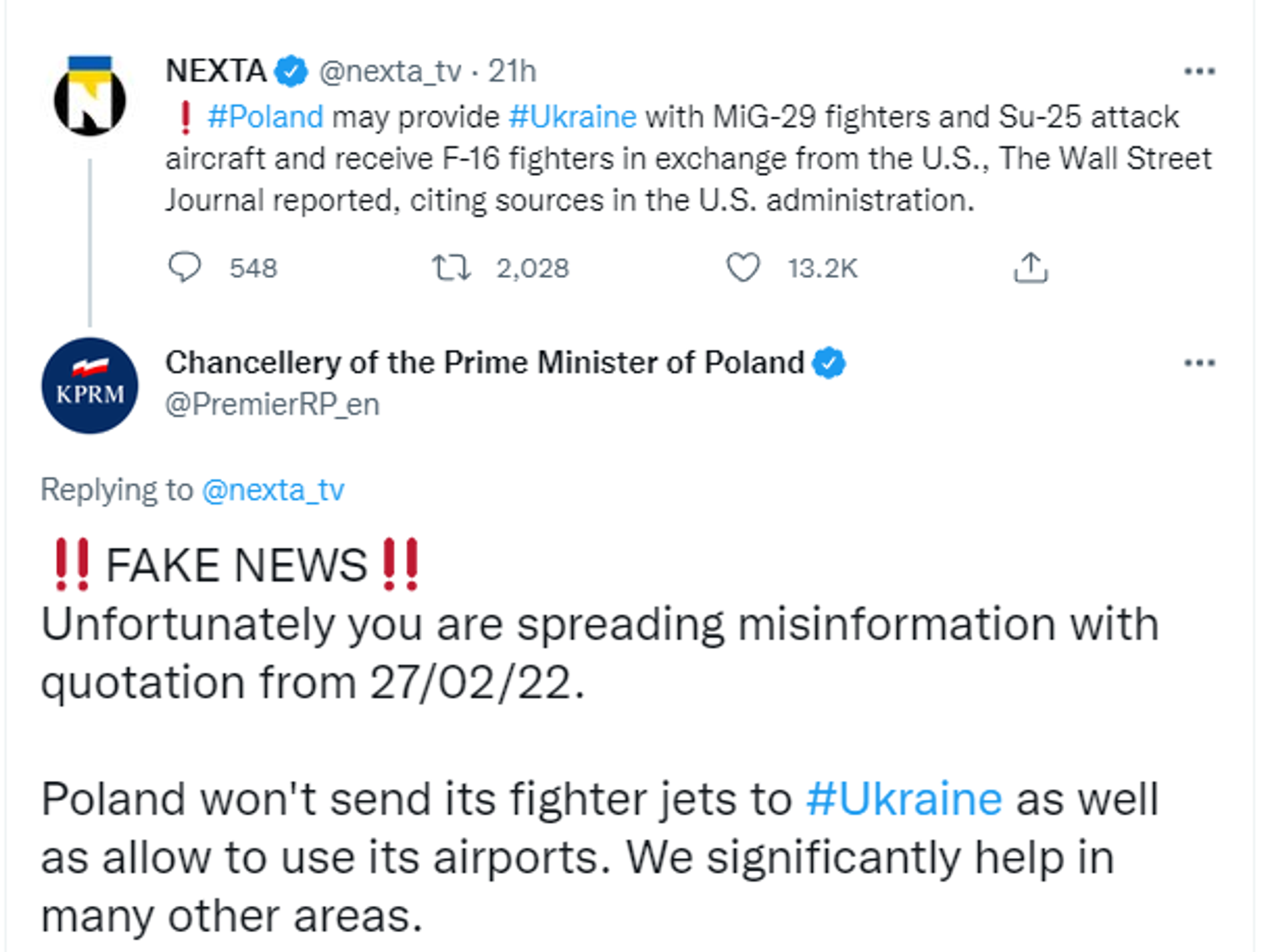 Poland dismissing reports it may send fighter jets to Ukraine - Sputnik International, 1920, 06.03.2022