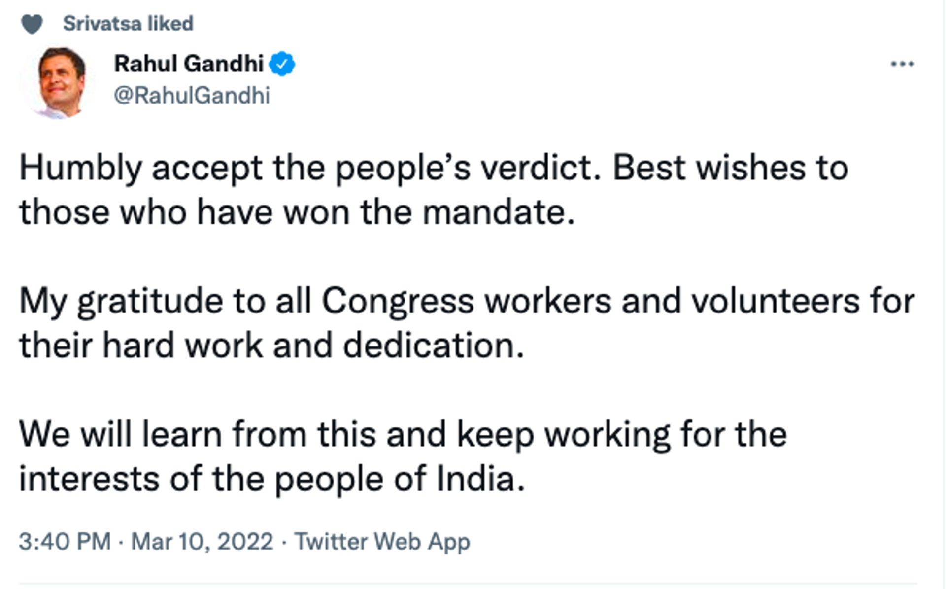Congress Leader Rahul Gandhi Tweet After Lose - Sputnik International, 1920, 10.03.2022