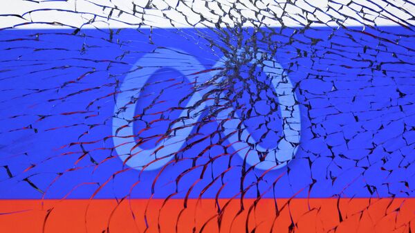 Meta logo and Russian flag are seen through broken glass in this illustration taken March 1, 2022. - Sputnik International