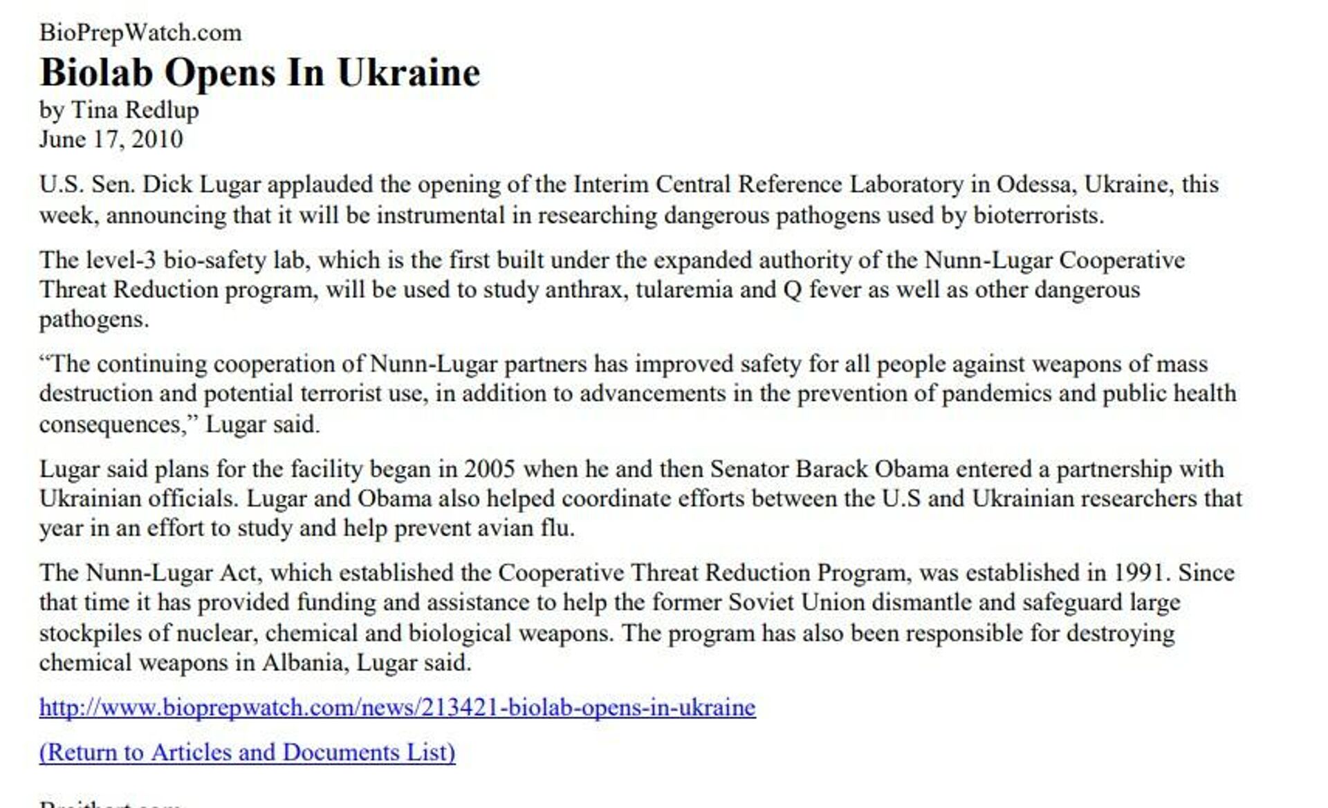 Article published on BioPrepWatch.com on 17 June 2010 and preserved by the US Armed Forces' Counterproliferation Center, - Sputnik International, 1920, 11.03.2022