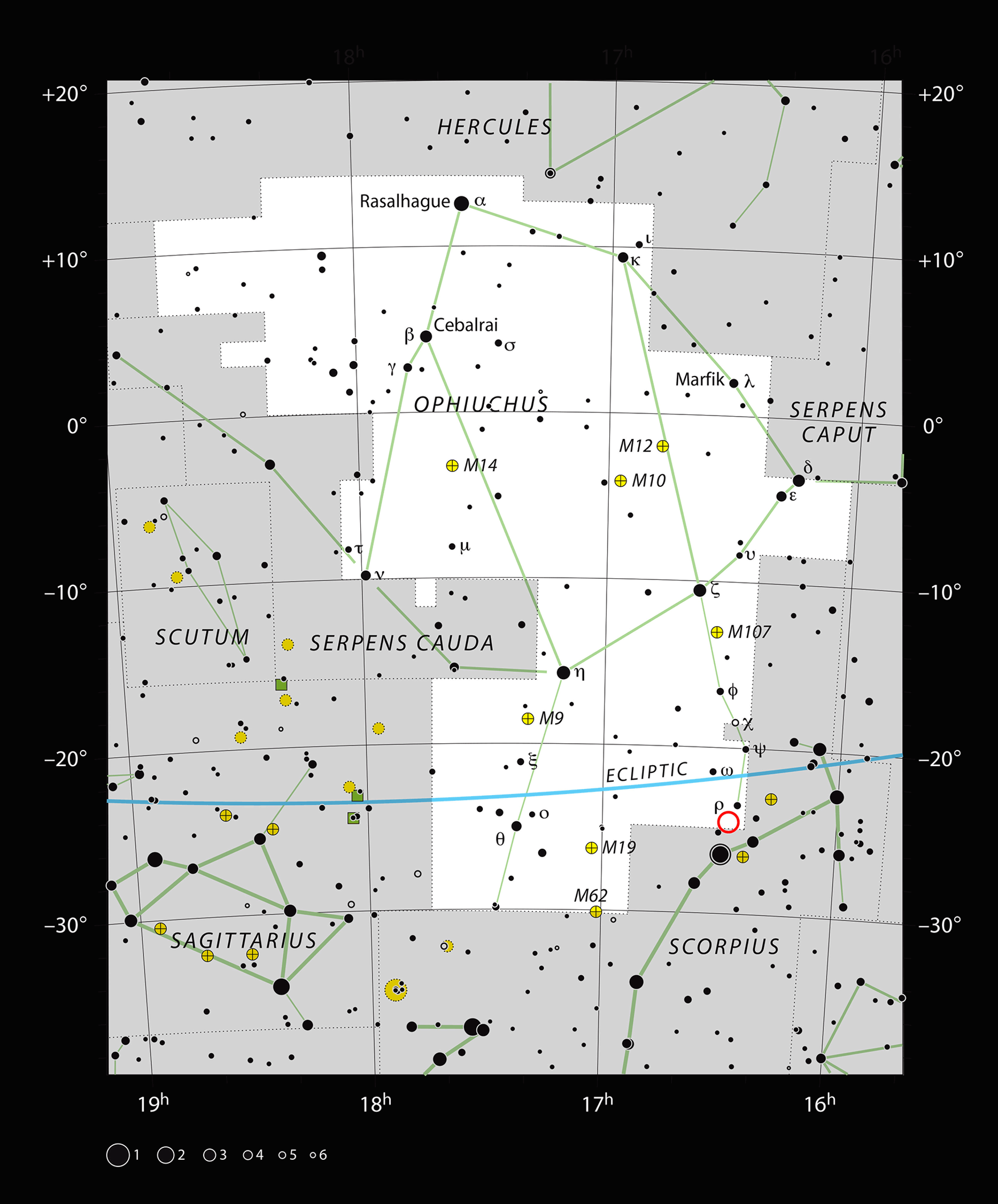 This chart shows the large constellation of Ophiuchus (The Serpent Bearer). Most of the stars that can be seen in a dark sky with the unaided eye are marked. The location of the system Oph-IRS 48 is indicated with a red circle. - Sputnik International, 1920, 12.03.2022