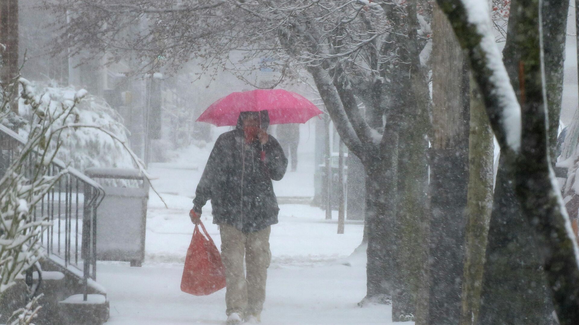 A man walks through Lancaster City, Pa., with his shopping bag during a snowstorm Saturday, March 12, 2022.  - Sputnik International, 1920, 12.03.2022
