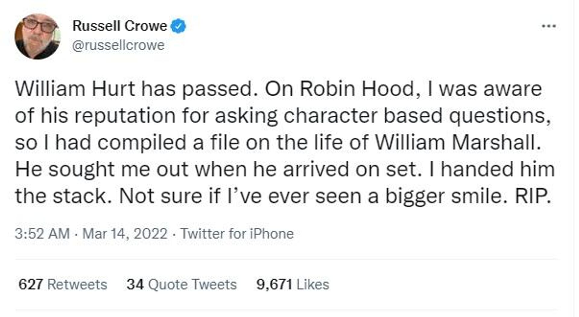 Actor Russell Crowe pour in condolences on veteran Oscar-winning actor William Hurt's demise - Sputnik International, 1920, 14.03.2022