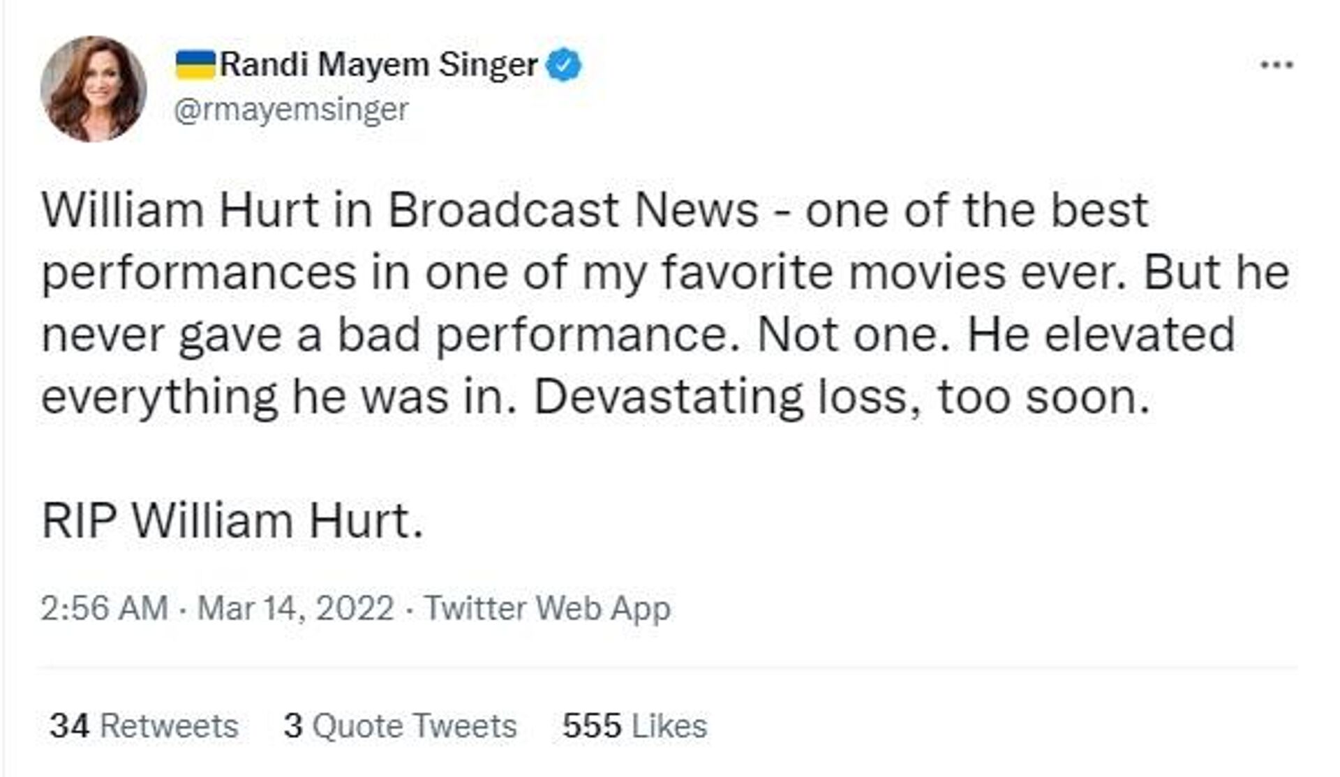 American screenwriter Randi Mayem Singer pay condolences for veteran Oscar-winning actor William Hurt - Sputnik International, 1920, 14.03.2022