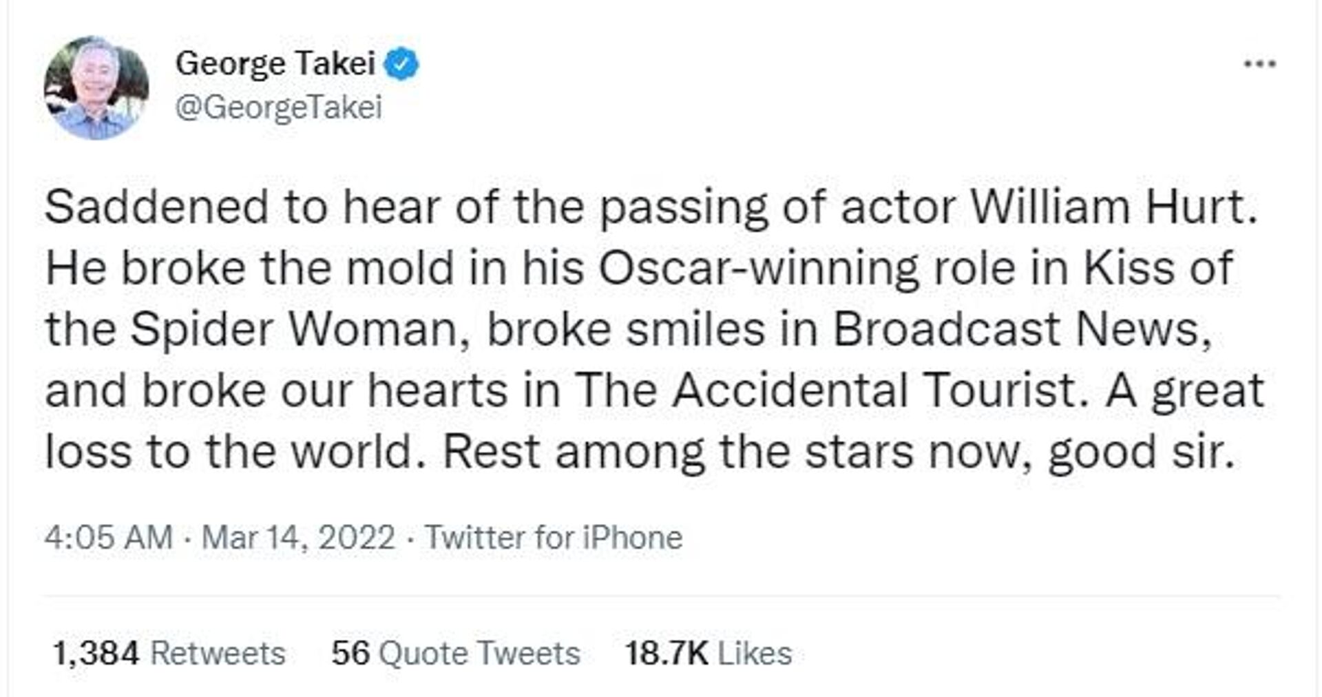 American actor George Takei pour in condolences on veteran Oscar-winning actor William Hurt's demise - Sputnik International, 1920, 14.03.2022