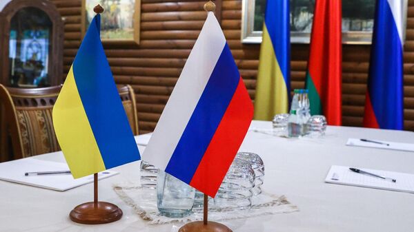 In this handout photo released by BelTA, flags are seen on a table before Russian-Ukrainian talks, in Belarus - Sputnik International